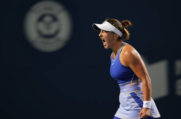 (220810) -- TORONTO, Aug. 10, 2022 -- Bianca Andreescu of Canada celebrates scoring during the first round of women s singles match between Bianca Andreescu of Canada and Daria Kasatkina of Russia at the 2022 National Bank Open tennis tournament in Toronto, Canada, on Aug. 9, 2022. (Photo by Xinhua) (SP)CANADA-TORONTO-TENNIS-NATIONAL BANK OPEN-WOMEN S SINGLES ZouxZheng 