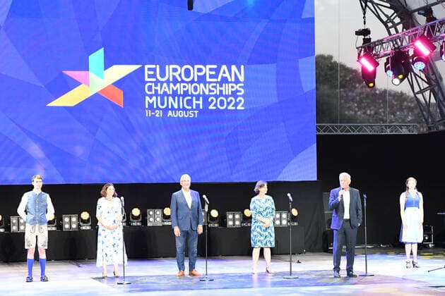 Opening day management Olympiapark, politics and mayor at the opening ceremony of the European Championships in Munich on 10 08 2022, Germany, Upper Bavaria Munich Olypiapark Upper Bavaria Germany