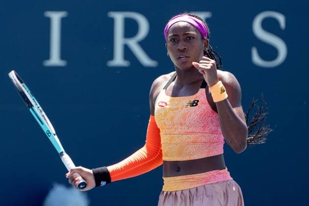 TORONTO, ON - AUGUST 10: Coco Gauff celebrates after winning a point during her National Bank Open tennis tournament second round match on August 10, 2022, at Sobeys Stadium in Toronto, ON, Canada. (Photo by Julian Avram Icon Sportswire) TENNIS: AUG 10 National Bank Open Icon2208101312