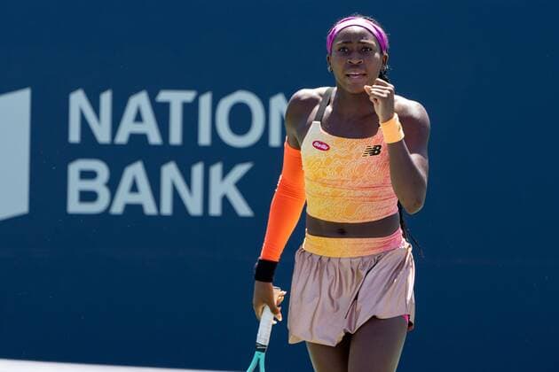 TORONTO, ON - AUGUST 10: Coco Gauff celebrates after winning a point during her National Bank Open tennis tournament second round match on August 10, 2022, at Sobeys Stadium in Toronto, ON, Canada. (Photo by Julian Avram Icon Sportswire) TENNIS: AUG 10 National Bank Open Icon2208101543