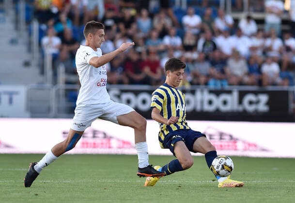 From left Vladislav Levin of Slovacko and Arda Guler of Fenerbahce in action during the European Football League third qualifying round return match: FC Slovacko vs Fenerbahce Istanbul in Uherske Hradiste, Czech Republic, August 11, 2022. (CTKxPhoto DaliborxGluck) CTKPhotoP2022081107548  dg011