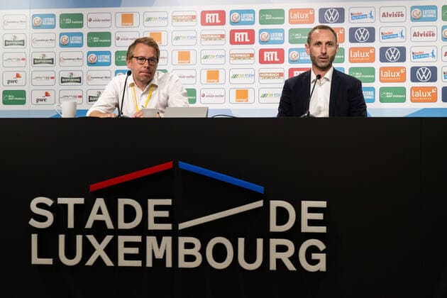 220811 Press officer Peter SohlmÃ r and coach Andreas Georgson of Malmö FF during the press conference after the UEFA Europa League qualification between Diddeleng and Malmö FF on August 11, 2022 in Luxembourg Photo Daniel Stiller BILDBYRAN kod DS DS0267 fotbol football soccer fotball uefa europa league diddeleng malmö ff bbeng,  Copyright: DANIELxSTILLER BB220811DS065