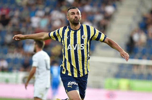 Serdar Dursun of Fenerbahce celebrates a goal during the European Football League third qualifying round return match: FC Slovacko vs Fenerbahce Istanbul in Uherske Hradiste, Czech Republic, August 11, 2022. (CTKxPhoto DaliborxGluck) CTKPhotoP2022081107589  dg014