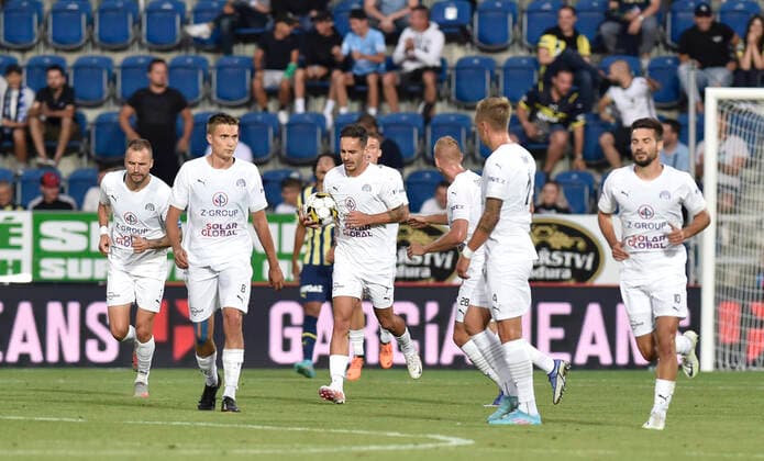 Soccer players of Slovacko celebrate a goal during the European Football League third qualifying round return match: FC Slovacko vs Fenerbahce Istanbul in Uherske Hradiste, Czech Republic, August 11, 2022. (CTKxPhoto DaliborxGluck) CTKPhotoP2022081107593  dg013