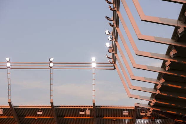The roof structure and floodlights of the stadium in sunset light, ARchitecture, 11 08 2022 Football Europa League Qualifier, 3 Round, Second Leg, 2022 2023 Season 11 08 2022 F91 Dudelange LUX Malmö FF SWE Dudelange Malmo Stade de Luxembourg, Luxembourg