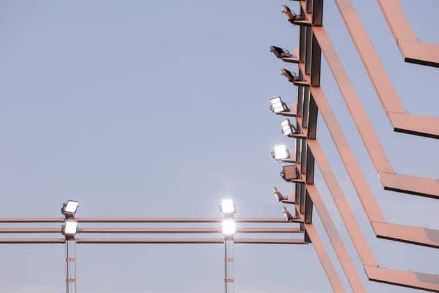 The roof structure and floodlights of the stadium in sunset light, ARchitecture, 11 08 2022 Football Europa League Qualifier, 3 Round, Second Leg, 2022 2023 Season 11 08 2022 F91 Dudelange LUX Malmö FF SWE Dudelange Malmo Stade de Luxembourg, Luxembourg