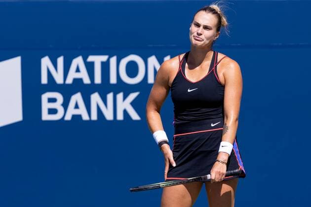 TORONTO, ON - AUGUST 11: Aryna Sabalenka reacts during her National Bank Open tennis tournament third round match on August 11, 2022, at Sobeys Stadium in Toronto, ON, Canada. (Photo by Julian Avram Icon Sportswire) TENNIS: AUG 11 National Bank Open Icon2208110020