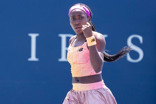 TORONTO, ON - AUGUST 11: Coco Gauff celebrates after winning a point during her National Bank Open tennis tournament third round match on August 11, 2022, at Sobeys Stadium in Toronto, ON, Canada. (Photo by Julian Avram Icon Sportswire) TENNIS: AUG 11 National Bank Open Icon2208111447