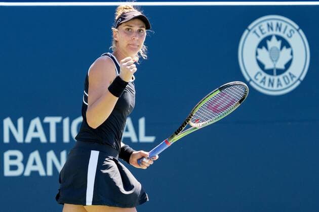 TORONTO, ON - AUGUST 11: Beatriz Haddad Maia celebrates after winning a point during her National Bank Open tennis tournament third round match on August 11, 2022, at Sobeys Stadium in Toronto, ON, Canada. (Photo by Julian Avram Icon Sportswire) TENNIS: AUG 11 National Bank Open Icon2208112036