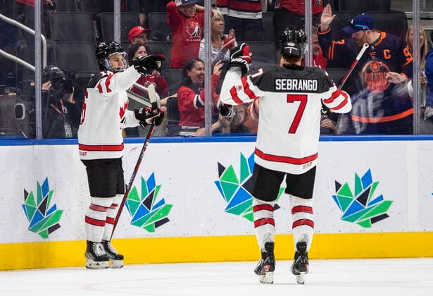 August 11, 2022, EDMONTON, AB, CANADA: Canada s Connor Bedard (16) and Donovan Sebrango (7) celebrate a goal against Slovakia during first period IIHF World Junior Hockey Championship action in Edmonton on Thursday August 11, 2022. Canada News - August 11, 2022  - ZUMAc35_ 20220811_zaf_c35_205 Copyright: xJasonxFransonx