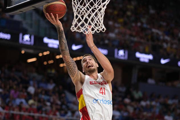 Spain V Greece - Basketball Friendly Match Juancho Hernangomez of Spain in action during the basketball friendly national match played between Spain Team and Greece Team at Wizink Center pavilion on August 11, 2022, in Madrid, Spain. Madrid Spain  Copyright: xOscarxGonzalezx originalFilename:gonzalez-notitle220811_npKkq.jpg