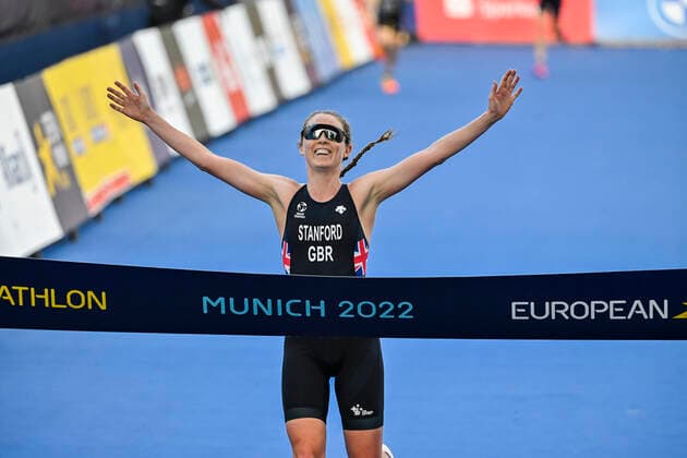 Sport Themen der Woche KW32 Sport Bilder des Tages British Non Stanford celebrates as she crosses the finish line to win the women triathlon euro, part of the European Championships Munich 2022, in Munich, Germany, on Friday 12 August 2022. The second edition of the European Championships takes place from 11 to 22 August and features nine sports. ERICxLALMAND  x38696496x