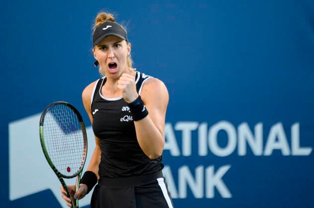 August 12, 2022, Toronto, ON, Canada: CORRECTS NAMES IN CKL101-108 -- Beatriz Haddad Maia, from Brazil, reacts during a match against Belinda Bencic, from Switzerland, at the National Bank Open tennis tournament in Toronto on Friday, Aug., 12, 2022. Canada News - August 12, 2022 - ZUMAc35_ 20220812_zaf_c35_157 Copyright: xChristopherxKatsarovx