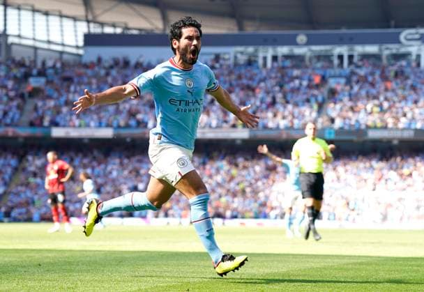 Sport Themen der Woche KW32 Manchester, England, 13th August 2022. Ilkay Gundogan of Manchester City celebrates after scoring the opening goal during the Premier League match at the Etihad Stadium, Manchester. Picture credit should read: Andrew Yates Sportimage EDITORIAL USE ONLY. No use with unauthorised audio, video, data, fixture lists, club league logos or live services. Online in-match use limited to 120 images, no video emulation. No use in betting, games or single club league player publications. SPI-1789-0002