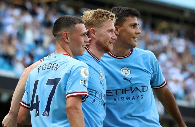 13th August 2022; City Stadium, Manchester, England; Premier League football, Manchester City versus Bournemouth FC; Kevin de Bruyne of Manchester City celebrates with team mates Phil Foden and Rodri after scoring his sides second goal after 30 minutes  ActionPlus12417028 DavidxBlunsden