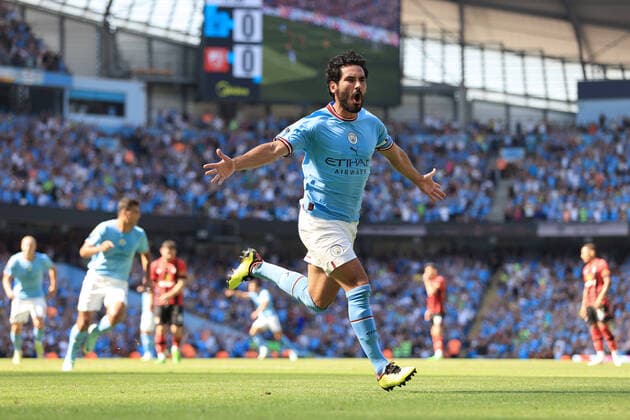 Fußball Premier League Manchester City gegen Bournemouth 13. August 2022 Premier League Manchester City gegen Bournemouth Ilkay Gundogan von Manchester City jubelt nach seinem ersten Tor Foto Simon Stacpoole Abseits Manchester UK  Copyright: xSimonxStacpoolexOffside
