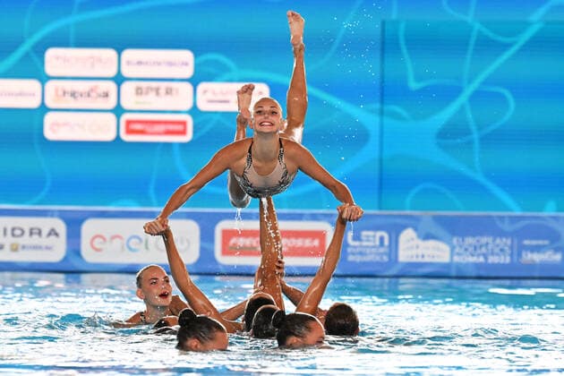 Sport Themen der Woche KW32 Foto Gian Mattia D Alberto - LaPresse 14-08-2022 Roma nuoto European Acquatics Roma 2022 Artistic swimming Team free combination nella foto: Ukraina 2022-08-14 Rome Sport swimming European Acquatics Rome 2022 Artistic swimming Team free combination in the photo: team Ukraine  Copyright: xGianxMattiaxD Albertox-xLaPressex