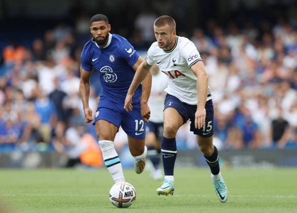 London, England, 14th August 2022. Eric Dier of Tottenham Hotspur and Ruben Loftus-Cheek Of Chelsea challenge for the ball during the Premier League match at Stamford Bridge, London. Picture credit should read: Paul Terry Sportimage EDITORIAL USE ONLY. No use with unauthorised audio, video, data, fixture lists, club league logos or live services. Online in-match use limited to 120 images, no video emulation. No use in betting, games or single club league player publications. SPI-1792-0005