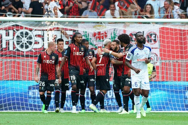 Joie- Andy Delort (OGC Nice) - Amine Gouiri (OGC Nice) - Khephren Thuram (OGC Nice) - Dante (OGC Nice) FOOTBALL : OGC Nice vs Strasbourg - Ligue 1 Uber Eats - Nice - 14 08 2022 NorbertScanella Panoramic 