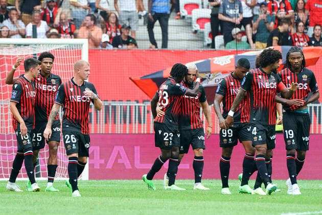 Joie- Andy Delort (OGC Nice) - Jordan Lotomba (OGC Nice) FOOTBALL : OGC Nice vs Strasbourg - Ligue 1 Uber Eats - Nice - 14 08 2022 NorbertScanella Panoramic 