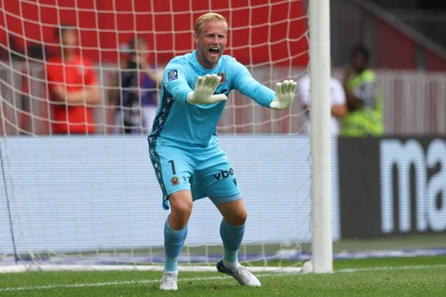 Nice, France, 14th August 2022. Kasper Schmeichel of OGC Nice reacts during the Uber Eats Ligue 1 match at Allianz Riviera Stadium, Nice. Picture credit should read: Jonathan Moscrop Sportimage EDITORIAL USE ONLY. No use with unauthorised audio, video, data, fixture lists, club league logos or live services. Online in-match use limited to 120 images, no video emulation. No use in betting, games or single club league player publications. SPI-1786-0003