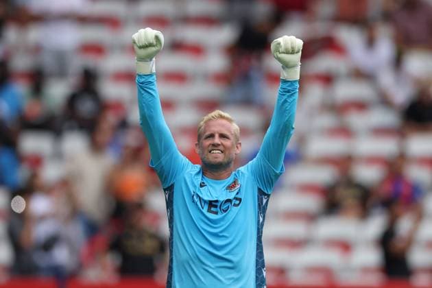 Nice, France, 14th August 2022. Kasper Schmeichel of OGC Nice celebrates after team mate Andy Delort scored a first half penalty to give the side a 1-0 lead during the Uber Eats Ligue 1 match at Allianz Riviera Stadium, Nice. Picture credit should read: Jonathan Moscrop Sportimage EDITORIAL USE ONLY. No use with unauthorised audio, video, data, fixture lists, club league logos or live services. Online in-match use limited to 120 images, no video emulation. No use in betting, games or single club league player publications. SPI-1786-0006