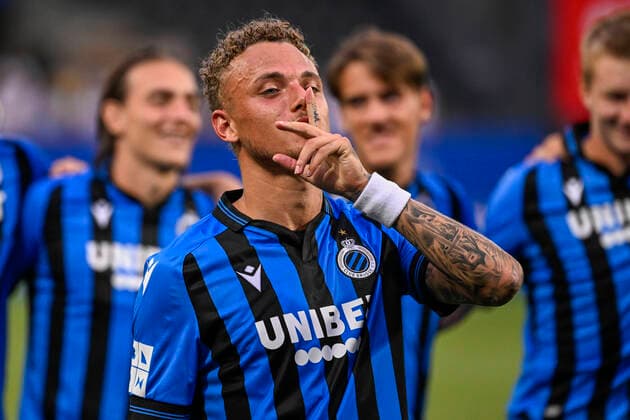 Club s Noa Lang celebrates after winning a soccer match between OHL Oud-Heverlee Leuven and Club Brugge, Sunday 14 August 2022 in Heverlee, on day 4 of the 2022-2023 Jupiler Pro League first division of the Belgian championship. LAURIExDIEFFEMBACQ  x39009062x