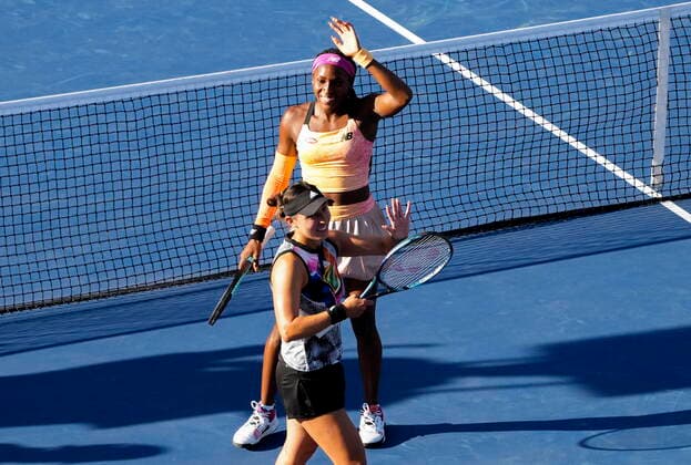 August 14, 2022, TORONTO, ON, CANADA: Coco Gauff, top, and Jessica Pegula, of the United States, react after defeating Nicole Melichar-Martinez, of the United States and Ellen Perez, of Australia, during the National Bank Open double finals tennis tournament in Toronto on Sunday, August 14, 2022. Canada News - August 14, 2022 - ZUMAc35_ 20220814_zaf_c35_152 Copyright: xNathanxDenettex