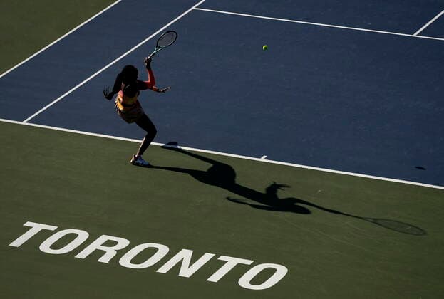 August 14, 2022, TORONTO, ON, CANADA: Coco Gauff, of the United States, returns the ball with teammate Jessica Pegula, of the united states while playing against Nicole Melichar-Martinez, of the United States and Ellen Perez, of Australia, during the National Bank Open double finals tennis tournament in Toronto on Sunday, August 14, 2022. Canada News - August 14, 2022 - ZUMAc35_ 20220814_zaf_c35_154 Copyright: xNathanxDenettex