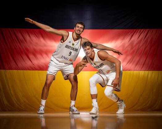 Basketball Cologne 08 08 2022 German Basketball National Team Men Men Squad for Eurobasket 2022 European Championship Franz Wagner Germany, No 09 Moritz Wagner Germany, No 13