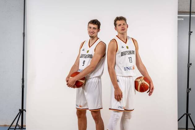 Basketball Cologne 08 08 2022 German Basketball National Team Men Men Squad for Eurobasket 2022 Franz Wagner Germany, No 09 Moritz Wagner Germany, No 13 brothers