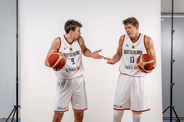 Basketball Cologne 08 08 2022 German Basketball National Team Men Men Squad for Eurobasket 2022 Franz Wagner Germany, No 09 Moritz Wagner Germany, No 13 brothers