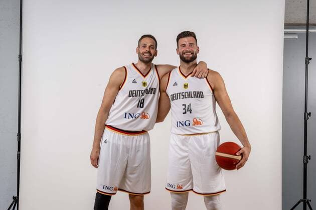 Basketball Cologne 08 08 2022 German Basketball National Team Men Men Squad for Eurobasket 2022 Leon Kratzer Germany, No 34 Jonas Wohlfarth Bottermann Germany, No 18