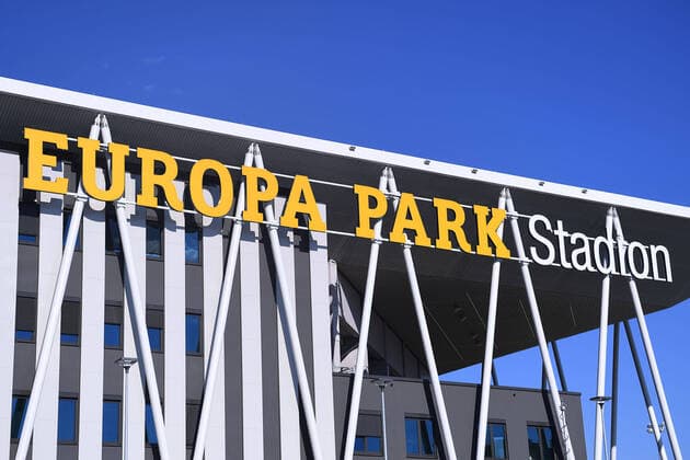 Soccer 1 Bundesliga 2 Matchday SC Freiburg Borussia Dortmund on 12 08 2022 at Europa Park Stadium in Freiburg lettering Europa Park Stadium exterior view exterior shot stadium DFL regulations prohibit any use of photographs as image sequences and or quasi video xHDx