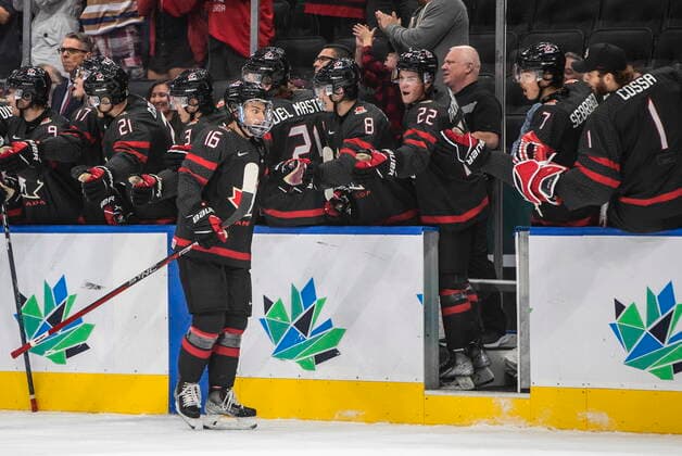 August 15, 2022, EDMONTON, AB, CANADA: Canada s Connor Bedard (16) celebrates a goal against Finland during first period IIHF World Junior Hockey Championship action in Edmonton on Monday August 15, 2022. Canada News - August 15, 2022  - ZUMAc35_ 20220815_zaf_c35_056 Copyright: xJasonxFransonx