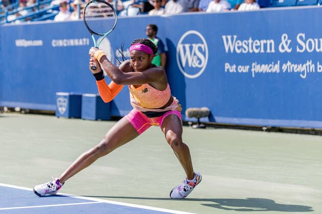 August 16, 2022, Mason, Ohio, USA: Coco Gauff (USA) turns her ankle on a return shot during Tuesdays first round of the Western and Southern Open at the Lindner Family Tennis Center, Mason, Oh. Mason USA - ZUMAs304 20220816_zaf_s304_234 Copyright: xScottxStuartx