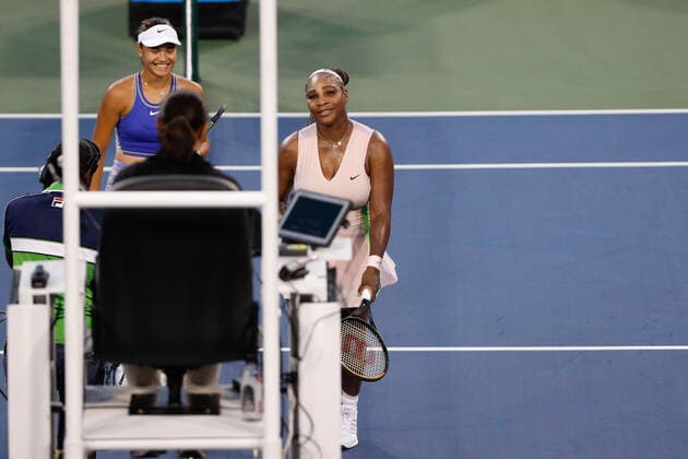 CINCINNATI, OH - AUGUST 16: Serena Williams of the United States reacts after losing to Emma Raducanu of Great Britain 6-4, 6-0 during the first round of the Western & Southern Open on August 16, 2022, at the Lindner Family Tennis Center in Mason, OH. (Photo by Ian Johnson Icon Sportswire) TENNIS: AUG 16 Western & Southern Open Icon220816018