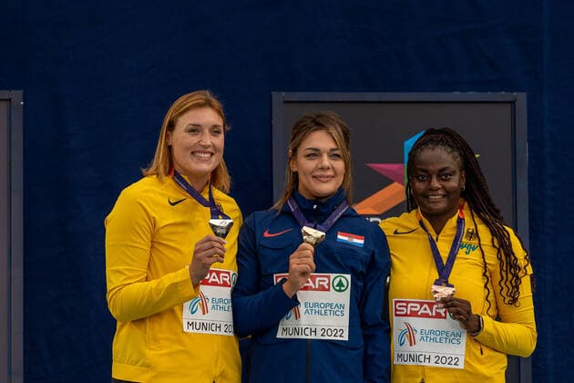 PUDENZ Kristin GER , Discus Throw Women Discus Throw Women , Silver, VITA Claudine GER , Discus Throw Women Discus Throw Women , Bronze, PERKOVIC Sandra CRO , Discus Throw Women Discus Throw Women , Gold GER, Athletics Leichtathletik , European Championships Munich 2022, 17 08 2022, GER, Athletics Leichtathletik , European Championships Munich 2022, 17 08 2022 Muenchen Copyright: xEibner-Pressefotox EP_SMR