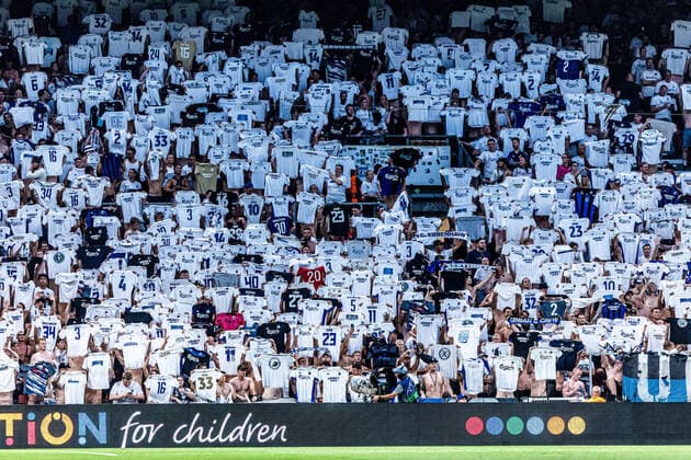 FC Copenhagen v Trabzonspor, UEFA Champions League qualification football, Copenhagen, Denmark Copenhagen, Denmark. 16th, August 2022. Football fans of FC Copenhagen seen on the stands during the UEFA Champions League qualification match between FC Copenhagen and Trabzonspor at Parken in Copenhagen. Copenhagen Denmark  Copyright: xGonzalesxPhoto DejanxObretkovicx