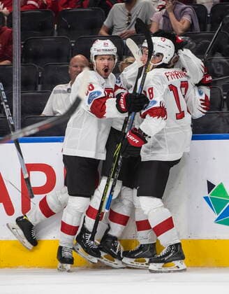 August 17, 2022, EDMONTON, AB, CANADA: Switzerland players celebrate a goal against Canada during first period IIHF World Junior Hockey Championship quarterfinal action in Edmonton on Wednesday August 17, 2022. Canada News - August 17, 2022  - ZUMAc35_ 20220817_zaf_c35_107 Copyright: xJasonxFransonx