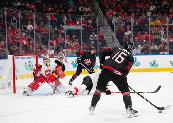August 17, 2022, Edmonton, Alberta, Canada: CONNOR BEDARD (16) of Canada looks for a shooting lane during the second period of a 2022 IIHF World Junior Championship quarter-final playoff match at Rogers Place in Edmonton, Alberta. Edmonton Canada - ZUMAh176 20220817_zsp_h176_110 Copyright: xMatthewxHelfrichx