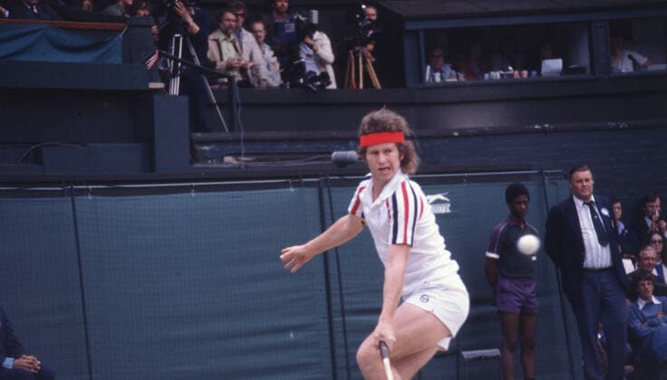 July 4, 1980, Wimbledon, England, United Kingdom: JOHN MCENROE returning the ball from Bjorn Borg during the mens singles championship match. Borg beat John McEnroe 1-6, 7-5, 6-3, 7-6, 8-6 after a 3 hour and 53 minute match. Wimbledon United Kingdom - ZUMAk09_ 19800704_jtc_k09_852 Copyright: xKeystonexPressxAgencyx