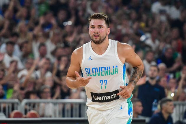 August 17, 2022, Ljubjlana, Slovenia: Luka Doncic 77 of Slovenia reacts during the International Friendly, Länderspiel, Nationalmannschaft basketball between Slovenia and Serbia at Arena Stozice. Ljubjlana Slovenia - ZUMAs197 20220817_zaa_s197_125 Copyright: xMilosxVujinovicx