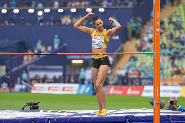 Sport Themen der Woche KW33 Sport Bilder des Tages European Championships Munich22; Leichtathletik, 19.08.2022 Marie-Laurence Jungfleisch (GER); European Championships Munich22 im Olympiastadion in Muenchen am 19.08.2022, (Bayern). *** European Championships Munich22 Athletics, 19 08 2022 Marie Laurence Jungfleisch GER European Championships Munich22 at the Olympic Stadium in Munich on 19 08 2022, Bavaria Copyright: xBEAUTIFULxSPORTS KJPetersx