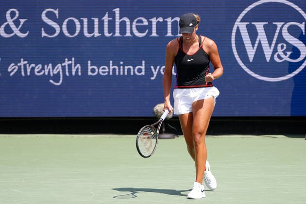 CINCINNATI, OH - AUGUST 19: Madison Keys of the United States reacts after defeating her opponent Elena Rybakina of Kazakh during the quarterfinals at Western & Southern Open on August 19, 2022, at the Lindner Family Tennis Center in Mason, OH. (Photo by Ian Johnson Icon Sportswire) TENNIS: AUG 19 Western & Southern Open Icon220819011