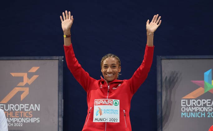 Belgian Nafissatou Nafi Thiam pictured during the podium ceremony of the women hectatlon, on the ninth day of the Athletics European Championships, at Munich 2022, Germany, on Friday 19 August 2022. The second edition of the European Championships takes place from 11 to 22 August and features nine sports. BENOITxDOPPAGNE  x39856355x