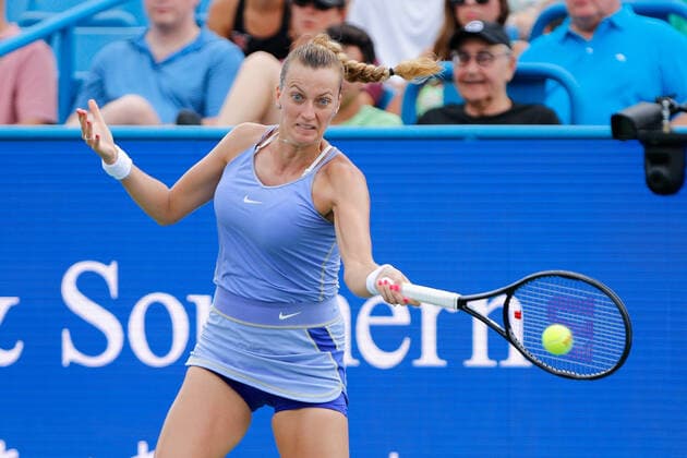 CINCINNATI, OH - AUGUST 20: Petra Kvitova of the Czech Republic hits a forehand during the semifinal at the Western & Southern Open on August 20, 2022, at the Lindner Family Tennis Center in Mason, OH. (Photo by Ian Johnson Icon Sportswire) TENNIS: AUG 20 Western & Southern Open Icon220820002