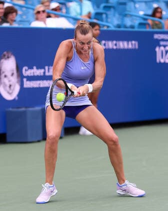CINCINNATI, OH - AUGUST 20: Petra Kvitova of the Czech Republic hits a backhand during the semifinal at the Western & Southern Open on August 20, 2022, at the Lindner Family Tennis Center in Mason, OH. (Photo by Ian Johnson Icon Sportswire) TENNIS: AUG 20 Western & Southern Open Icon220820010