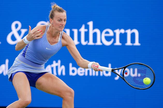 CINCINNATI, OH - AUGUST 20: Petra Kvitova of the Czech Republic hits a forehand during the semifinal at the Western & Southern Open on August 20, 2022, at the Lindner Family Tennis Center in Mason, OH. (Photo by Ian Johnson Icon Sportswire) TENNIS: AUG 20 Western & Southern Open Icon220820001