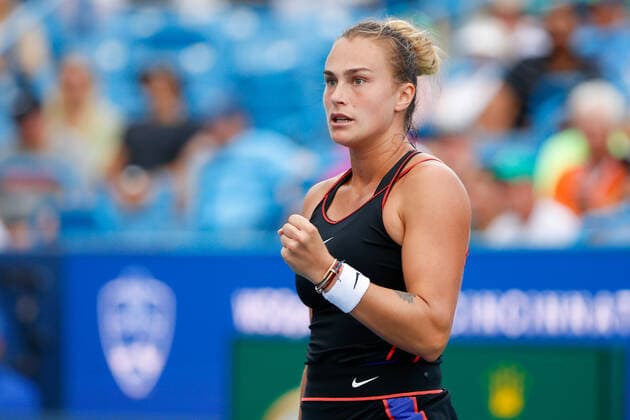 CINCINNATI, OH - AUGUST 20: Aryna Sabalenka of Belarus reacts during the semifinal at the Western & Southern Open on August 20, 2022, at the Lindner Family Tennis Center in Mason, OH. (Photo by Ian Johnson Icon Sportswire) TENNIS: AUG 20 Western & Southern Open Icon220820053